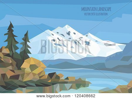 vector landscape illustration with ice mountains lake and trees