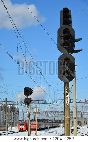 Zelenograd, Russia - February 27. 2016. Traffic lights at a railway station Kryukovo