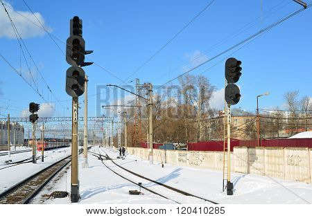 Zelenograd, Russia - February 27. 2016. Traffic lights at a railway station Kryukovo