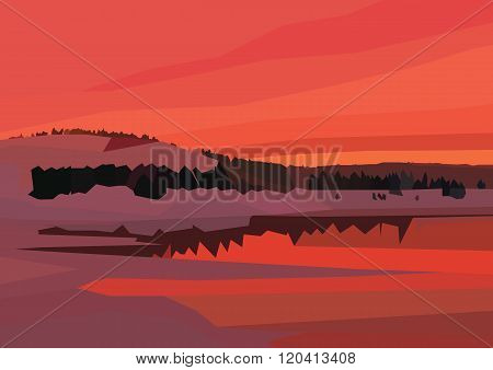 vector landscape illustration with kake mountains and trees in red colors