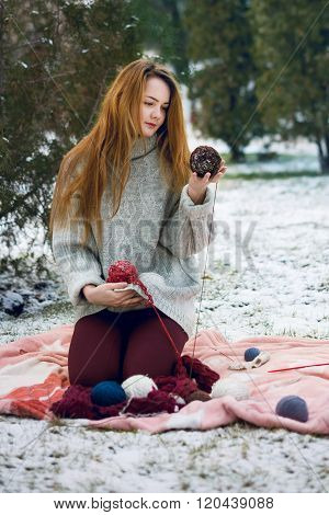Funny Hipster Girl in Knitted Sweater