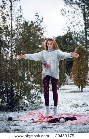 Funny Hipster Girl in Knitted Sweater