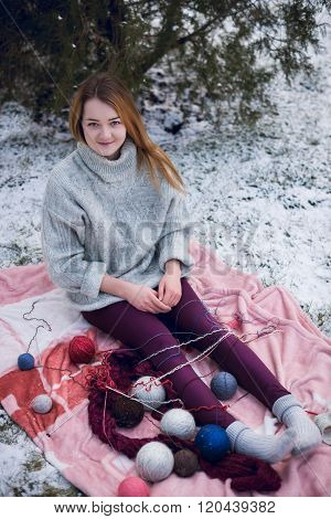 Funny Hipster Girl in Knitted Sweater