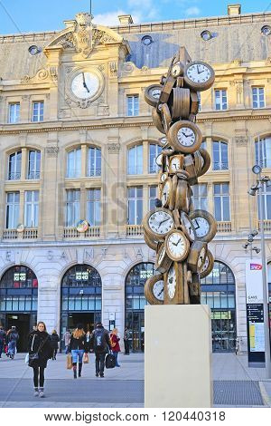 Paris, France, February, 7, 2016: clock on a square in a center of Paris, France. 