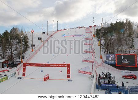 STOCKHOLM SWEDEN - FEB 23 2016: Slalom Hammarbybacken with colorful orange and blue gates at the FIS Alpine Ski World Cup - city event February 23 2016 Stockholm Sweden