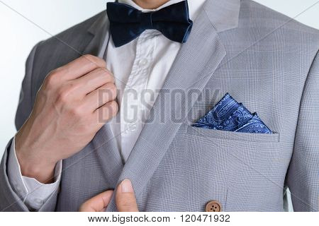 Grey Suit Plaid Texture, Bowtie, Pocket Square