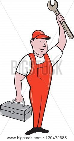 Mechanic Raising Wrench Holding Toolbox Cartoon