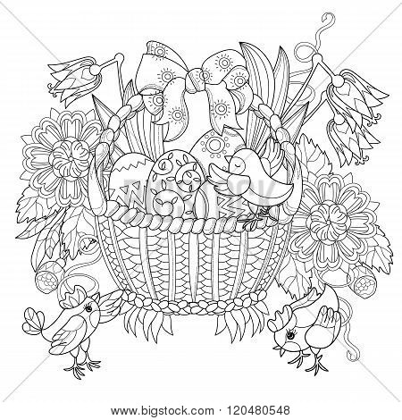 Hand drawn doodle outline easter eggs in basket