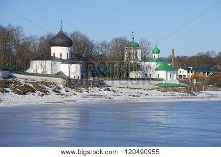 View of the Spaso-Preobrazhenskiy Mirozhsky monastery sunny february day. Pskov