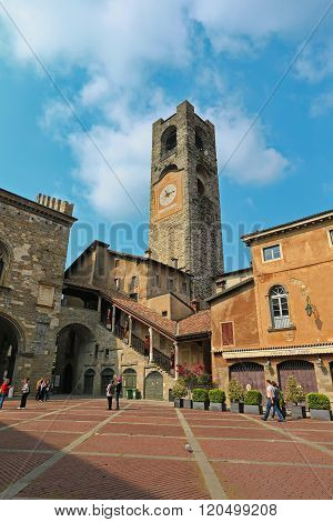 BERGAMO, LOMBARDY, ITALY - APRIL 14, 2014:Bergamo Old Town. Piazza Vecchia. Town hall