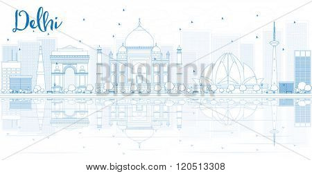 Outline Delhi skyline with blue buildings and reflections. Business travel and tourism concept with place for text. Image for presentation, banner, placard and web site.