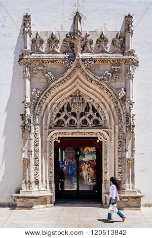 Tomar, Portugal - July 18, 2015: Flamboyant Gothic Portal of the Sao Joao Baptista Church. Templar knights church.