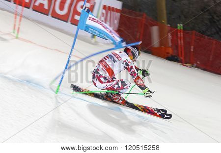 STOCKHOLM SWEDEN - FEB 23 2016: Side view of skier Marcel Hirscher (AUT) at the FIS Alpine Ski World Cup - city event February 23 2016 Stockholm Sweden