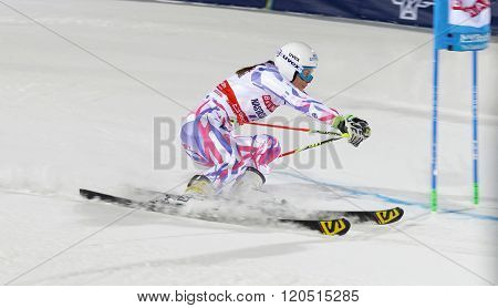 STOCKHOLM SWEDEN - FEB 23 2016: Closeup of Nastasia Noens (FRA) skiing at the FIS Alpine Ski World Cup - Men's and Woman's city event February 23 2016 Stockholm Sweden