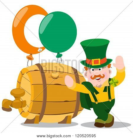 Man in the Irish pub. St. Patrick with a mug of foamy beer. The festive character in cartoon style.