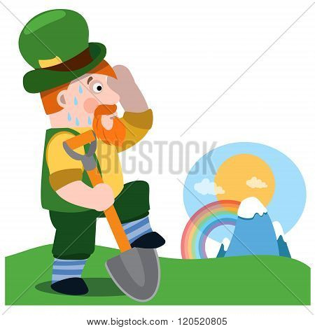 A man with a shovel in a green suit. Fortune Seeker. The festive character in cartoon style. Congrat