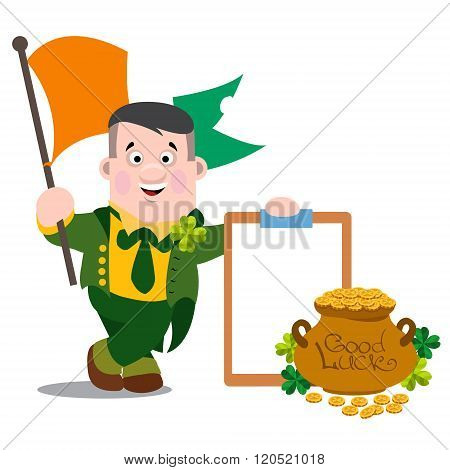 A man with the flag of Ireland, a tablet and a pot of gold. The festive character in cartoon style.