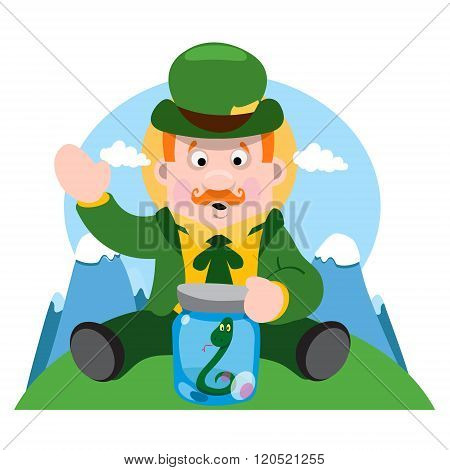 A man with a snake in a glass jar. The festive character in cartoon style. Congratulations to the St