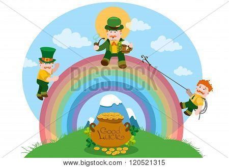 Three men dressed in green on a rainbow. The festive character in cartoon style. Congratulations to