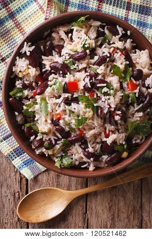 Rice With Red Beans And Vegetables In A Bowl Close-up. Vertical Top View
