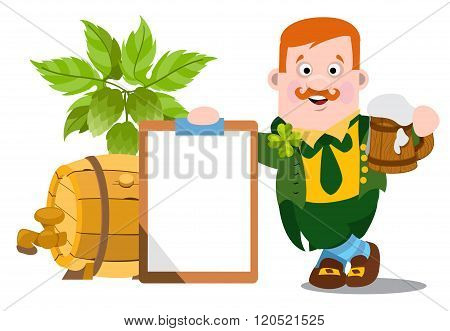 Man in the Irish pub. St. Patrick with a mug of foamy beer. The festive character in cartoon style.