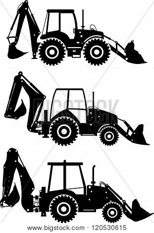 Set of different silhouettes backhoe loaders isolated on white background. Heavy construction and mi