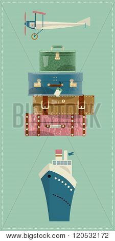 Stack Of Vintages Suitcases. Bon Voyage Card, Retro Style.