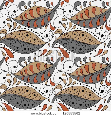 Seamless Abstract Pattern With Doodle Leaf And Swirles.