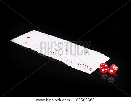 Dice, Cards On A Black Background. Concept Of Gambling