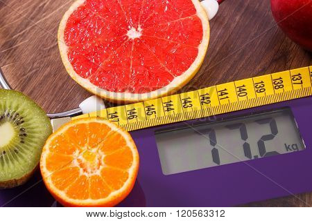 Electronic Bathroom Scale, Centimeter And Fresh Fruits With Stethoscope, Slimming And Healthy Lifest