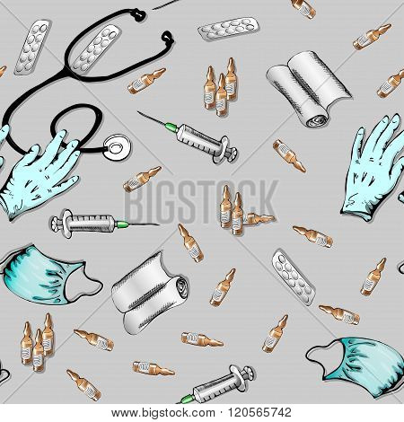 illustration of the objects for the first aid. Medical background mask syringe gloves stethoscope pills tablets background seamless pattern