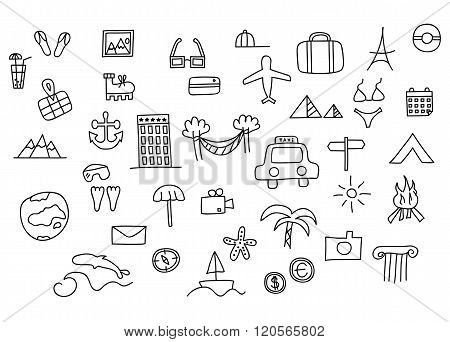 Travel And Tourism Themed Doodle Vector Set Illustration.