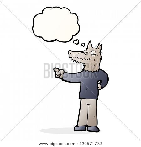 cartoon pointing wolf man with thought bubble