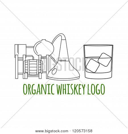 Modern Line Style Logo, Branding,  Logotype,  Badge  With Whiskey Distilling Process And A Glass Of