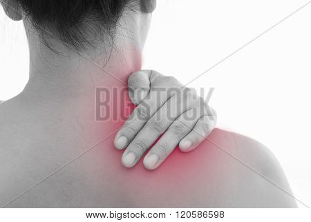 Rear view of a young women shoulder muscle pain. Red around the pain area.