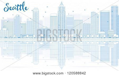 Outline Seattle skyline with blue buildings and reflections. Vector illustration. Business travel and tourism concept with place for text. Image for presentation, banner, placard and web site.