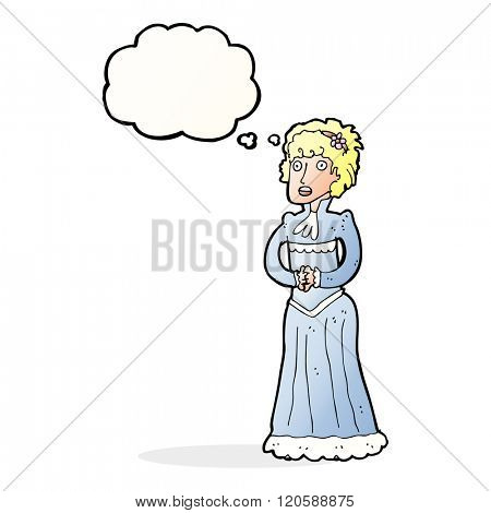 cartoon shocked victorian woman with thought bubble