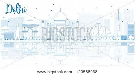 Outline Delhi skyline with blue buildings and reflections. Vector illustration. Business travel and tourism concept with place for text. Image for presentation, banner, placard and web site.