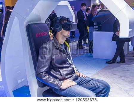LAS VEGAS - JAN 08 : Virtual reality demonstration at the Denso booth at the CES Show in Las Vegas Navada on January 08 2016. CES is the world's leading consumer-electronics show.