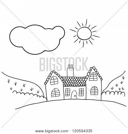 This is a home. Children's illustration drawn in black lines
