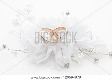 Wedding rings on wedding card on a white background