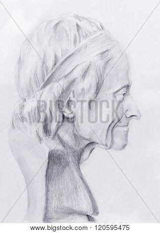 Hand drawn head, Illustration half face. Gypsum bust drawn in pencil. Profile portrait.