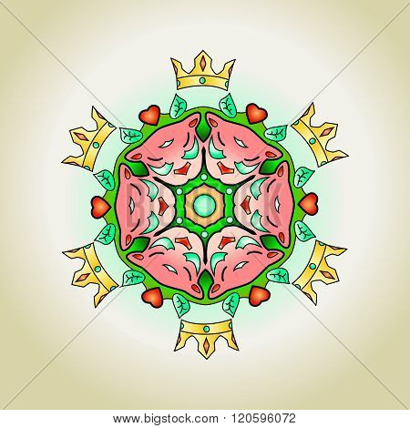 Tattoo mandala with crowns cats and hearts