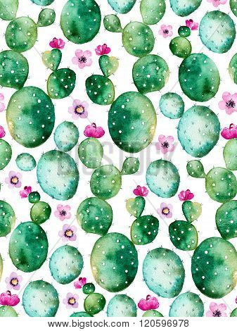 Seamless pattern with high quality hand painted watercolor cactus