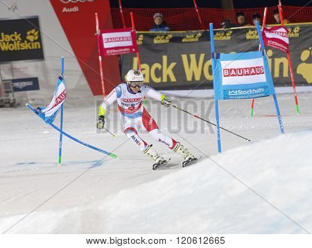 STOCKHOLM SWEDEN - FEB 23 2016: Wendy Holdener (SUI) skiing at the FIS Alpine Ski World Cup - city event February 23 2016 Stockholm Sweden