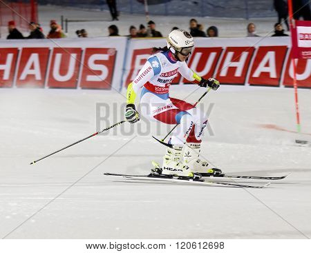 STOCKHOLM SWEDEN - FEB 23 2016: Wendy Holdener (SUI) skiing (side view) at the FIS Alpine Ski World Cup - city event February 23 2016 Stockholm Sweden