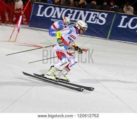 STOCKHOLM SWEDEN - FEB 23 2016: Wendy Holdener (SUI) and competitir skiing at the FIS Alpine Ski World Cup - city event February 23 2016 Stockholm Sweden