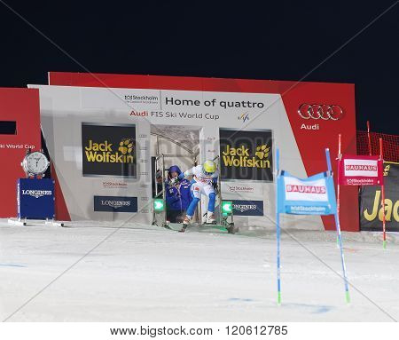 STOCKHOLM SWEDEN - FEB 23 2016: Maria Pietilae-Holmner (SWE) start skiing at the FIS Alpine Ski World Cup - city event February 23 2016 Stockholm Sweden