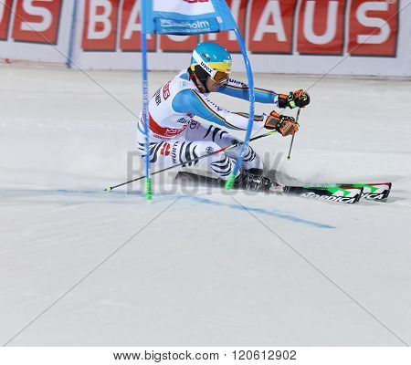 STOCKHOLM SWEDEN - FEB 23 2016: Felix Neureuther (GER) skiing at the Audis FIS Alpine Ski World Cup - city event February 23 2016 Stockholm Sweden