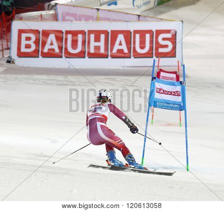 STOCKHOLM SWEDEN - FEB 23 2016: Nina Loeseth (NOR) skiing at the Audis FIS Alpine Ski World Cup - city event February 23 2016 Stockholm Sweden
